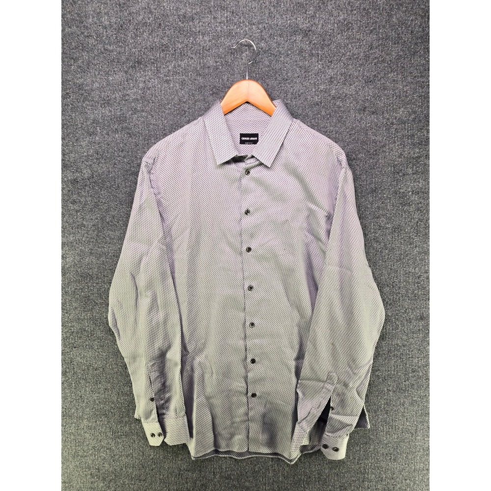 Giorgio Armani Mens Grey Geometric Print Button Down Shirt Size 44 17.5 Italy